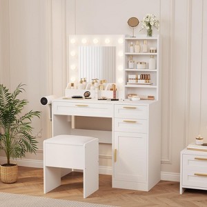 37In White Vanity Desk Set, with & 3 Adjustable Lights Modes LED & 3 Drawers, Small Makeup Table & Cushioned Stool for Bedroom or Makeup Studio - 1 of 4