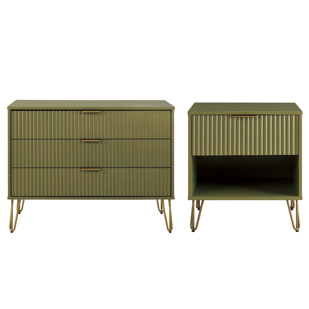 Manhattan Comfort Dumbo 2pc Modern 3 Drawer Dresser and 1 Drawer Nightstand Set Olive Green