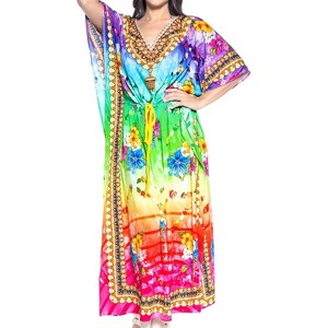 LA LEELA Women's House Daily Routine Evening Wear Loungewear Maxi Kaftan Casual Long Slit Dress Caftan Dresses for Women One Size Multicolored, Floral - 1 of 4