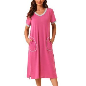 cheibear Women's V Neck Short Sleeves with Pockets Slit Long Nightgown - 1 of 4