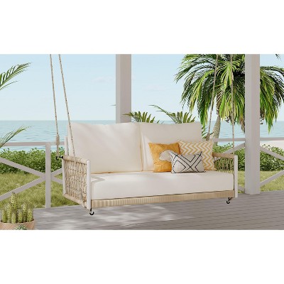 CAVINAS Twin Size Outdoor Swing Sofa with Cushions,1-Piece Woven Rope Porch Swing for Courtyard and Balcony
