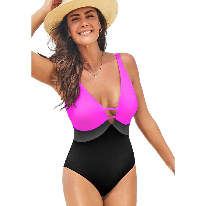 Swimsuits for All Women's Plus Size Colorblock V-Neck One Piece Swimsuit, 1 of 2