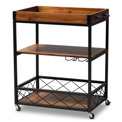 Capri Oak and Finished Mobile Metal Bar Cart with Stemware Rack Brown - Baxton Studio