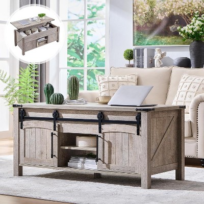 SinCiDo Lift Top Coffee Table, Farmhouse 48" Center Table w/ Lifting Platform, Hidden Storage Room, Adjustable Partition, & Arched Sliding Door