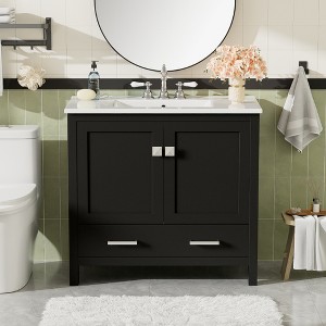 ALEXOUN Bathroom Vanity with Ceramic Sink,Wood Floor Standing Bathroom Vanity Cabinet with Double-Layered Storage Shelves & Divided Drawer - 1 of 4