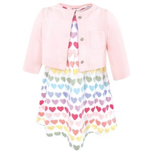 Hudson Baby Girls Cotton Dress and Cardigan Set, Cascading Hearts - 1 of 4