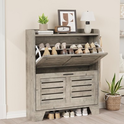 Narrow Shoe Cabinet for Entryway – Slim Farmhouse Shoe Organizer with 2 Flip Drawers, Adjustable Shelves & Hooks for Hallway, Front Door