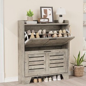 Narrow Shoe Cabinet for Entryway – Slim Farmhouse Shoe Organizer with 2 Flip Drawers, Adjustable Shelves & Hooks for Hallway, Front Door - 1 of 4