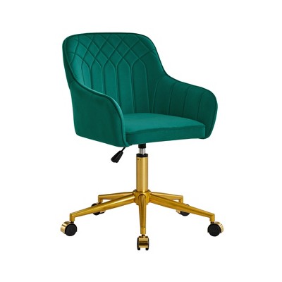 VECELO Velvet Accent Chair, Swivel Vanity Office Chair with Gold Base, Adjustable Height Makeup Desk Chair with Wheels – Pearl White