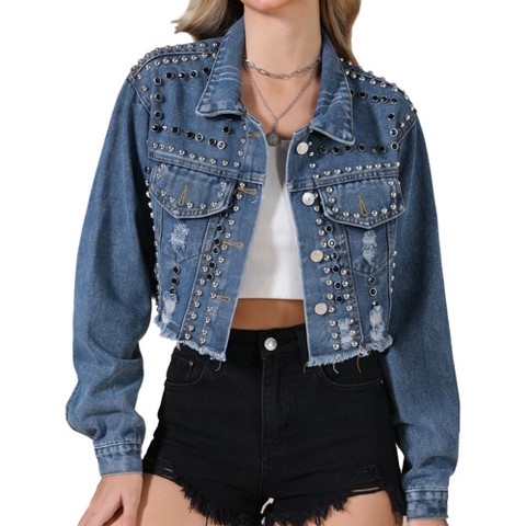 INSPIRE CHIC Women's Rivet Studded Denim Turndown Collar Long Sleeve Casual Wash Cropped Jean Jacket X-Large Light Blue