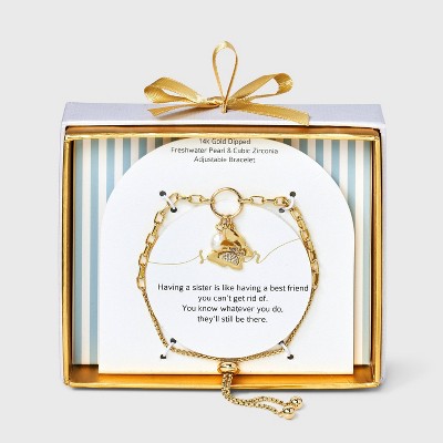 14K Gold Dipped Cubic Zirconia Butterfly and Pearl Chain Bracelet - Gold