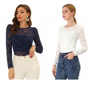 INSPIRE CHIC Women's Vintage Semi-Sheer Puff Long Sleeve Embroidery Lace Floral Blouse 2 Packs - 1 of 4