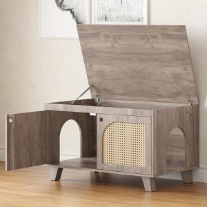 Lirago,Gray Flip-Top Hidden Cat Litter Box Cabinet with Rattan Doors - Modern & Functional Pet Furniture - 1 of 4