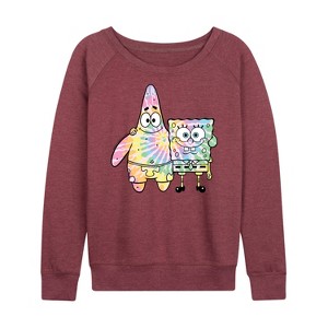 Women's - SpongeBob SquarePants - SpongeBob and Patrick Tie Dye Lightweight French Terry Wide Neck Long Sleeve Graphic Shirt - 1 of 4