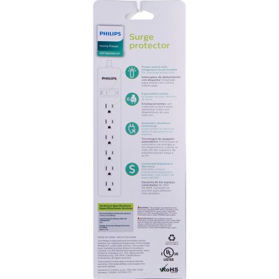 Philips 6-Outlet Surge Protector with 2ft Extension Cord, White