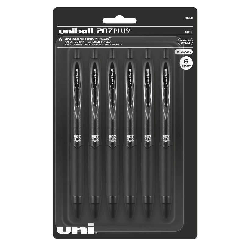uniball 6pk 207 Plus+ Gel Pen  0.7mm Medium Point Black Ink Black Barrel, 1 of 8