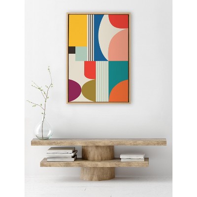 Mid Century Modern Multicolor Abstract Canvas Art with Natural Frame