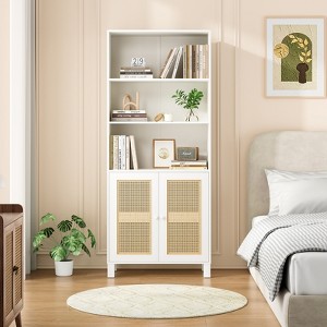 GDFStudio Melisande Farmhouse 5-Tier Tall Bookcase with 2 Rattan Doors and Adjustable Shelves - 1 of 4