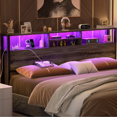 Aheaplus Storage Headboard with Power Outlets & Led Lights, Height Adjustable, Reversible Headboard