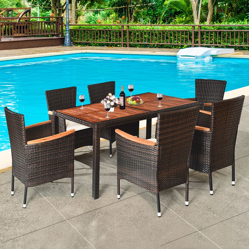 Costway 7PCS Patio Rattan Dining Set 6 Stackable Chairs Cushioned, 3 of 10