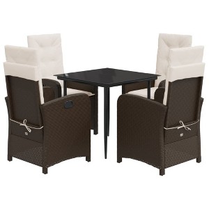 vidaXL 5-Piece Patio Dining Set - Brown Poly Rattan Reclining Chairs with Cream Cushions - Outdoor Garden Furniture with Glass Tabletop - 1 of 4