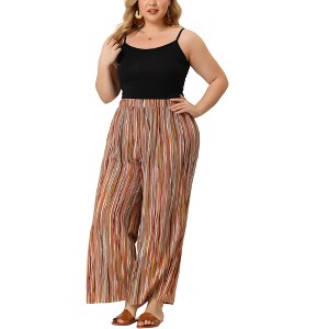 Agnes Orinda Women's Plus Size Boho Palazzo Elastic Waist Stripe Wide Leg Lounge Pants with Pocket - 1 of 4