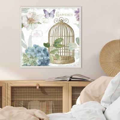 Sylvie Beaded White Framed Botanical Birdcage Canvas Art