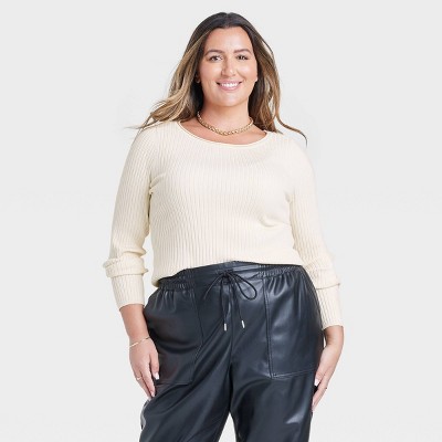 Women's Fine Gauge Ribbed Boat Neck Pullover Sweater - A New Day™ Cream ...