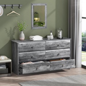 VINGLI Washed Gray Dresser, 6 Drawer Dresser, 53.9" Long Dresser with Textured Drawer Front, Wood Grey Dresser Chest - 1 of 4