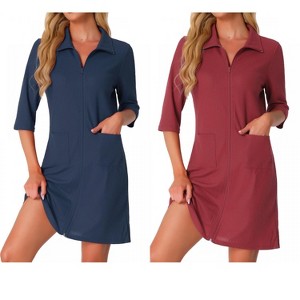 INSPIRE CHIC Women's 2 Pcs Zip Waffle Robes 3/4-Sleeve Bathrobe Knee-Length Housecoat Short Sleepwear with Pockets - 1 of 4