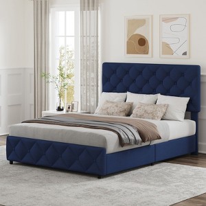 Full Size Bed Frame with 4 Storage Drawers and Headboard, Linen Upholstered Full Platform Bed Frame, Diamond Stitched Button Tufted, Easy Assemble, - 1 of 4