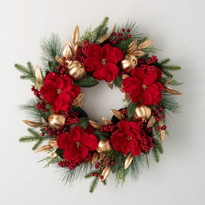 Sullivans Artificial Red Magnolia Pomegranate Christmas Accent Ring  Green-Red