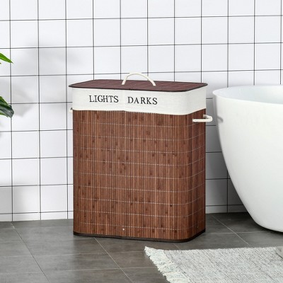 Brown Bamboo Collapsible Laundry Hamper with Lid and Sorter