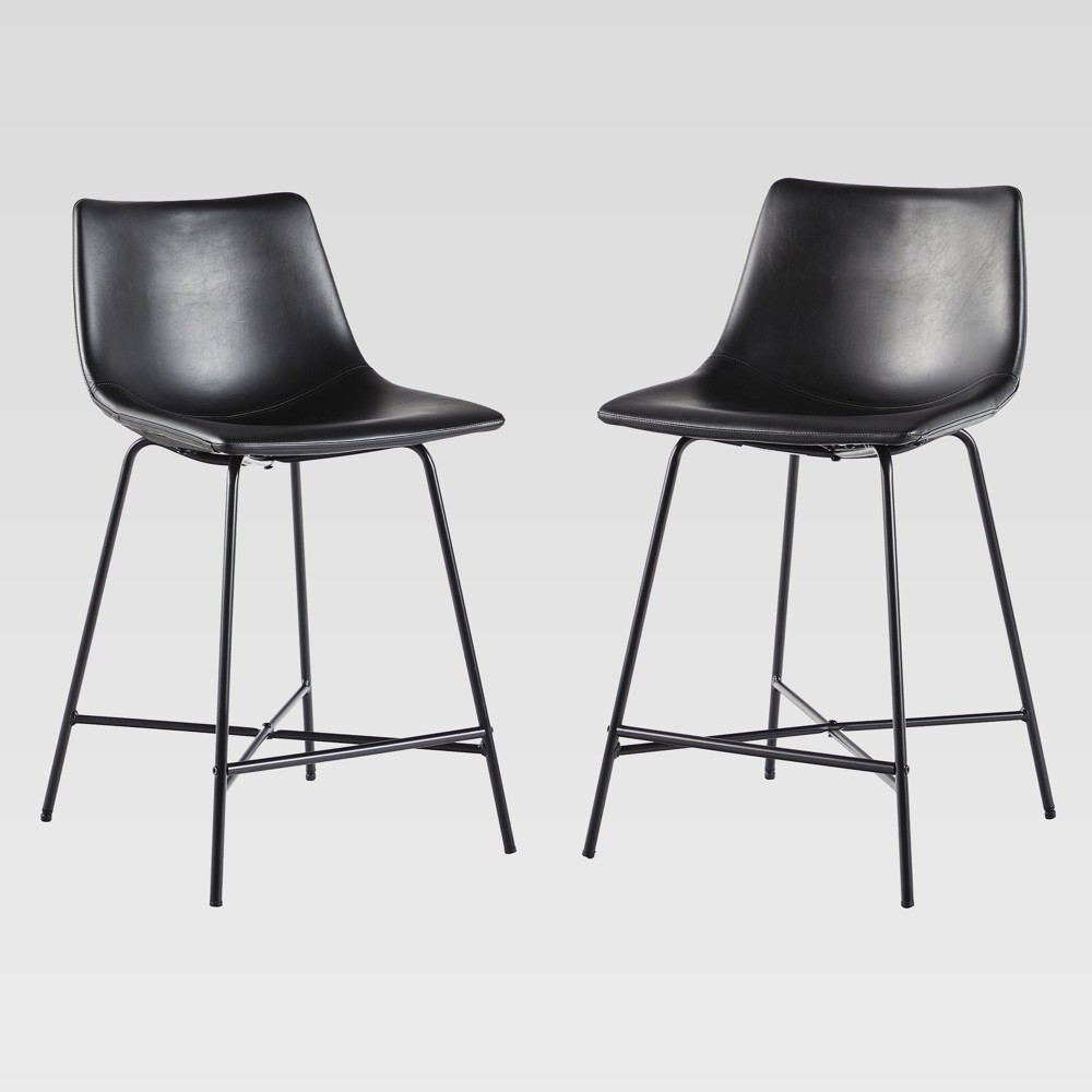 Saracina Home Upholstered Counter Height Barstool Set Black: Faux Leather, Steel Legs, Armless