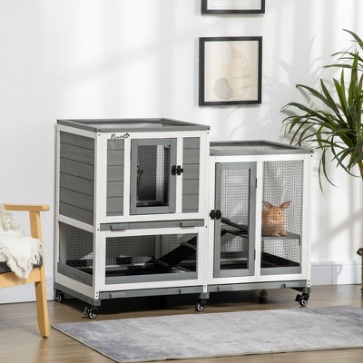 Gray Three Story Wooden Rabbit Hutch with Wheels and Trays