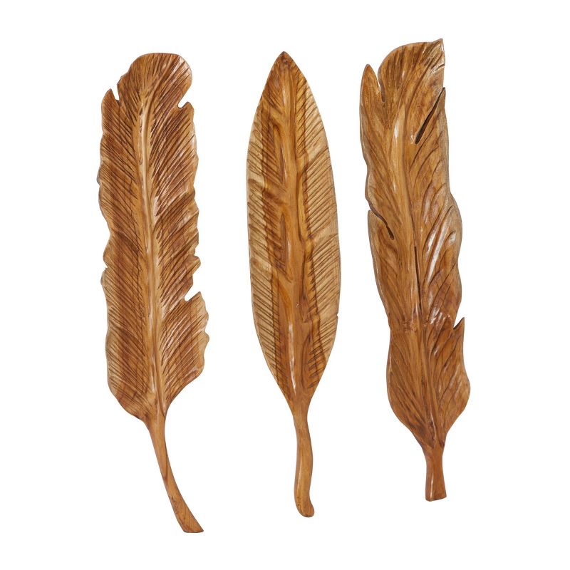 Set of 3 Teak Wood Bird Handmade Carved Feather Wall Decors Brown - Olivia &#38; May, 5 of 8