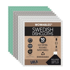 LOLA Wowables XL Swedish Dishcloths, 12 Reusable Eco Cleaning Cloths, 11" x 10", Ultra Absorbent Cellulose Sponge Towel, Compostable - 1 of 4