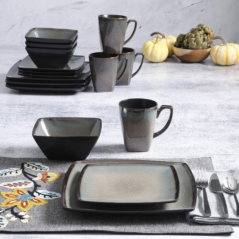 Gibson Elite 16 Piece Glazed Square Dinnerware Set with Plates, Bowls, and Mugs, 5 of 7