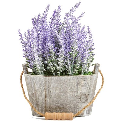 Artificial Lavender Fake Flower Plant in Rustic Oval Wooden Box for Decorations