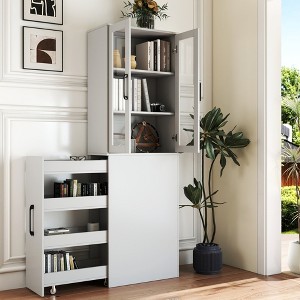 HDZNVF 70.87 inch H Display Tall Storage Office Cabinets, 4 Tier Multi-Functional Storage Shelf & 2 Glass Doors, White - 1 of 4