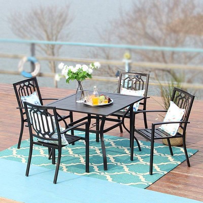 5pc Metal Indoor/Outdoor 37" Square Dining Table with Patterned Arm Chairs & 1.57" Umbrella Hole - Captiva Designs