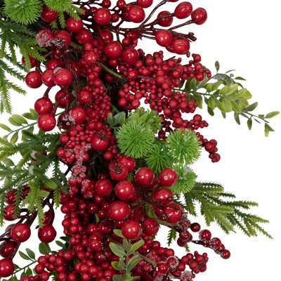 Artificial Frosted Red Berry and Pine Christmas Wreath, 28-Inch