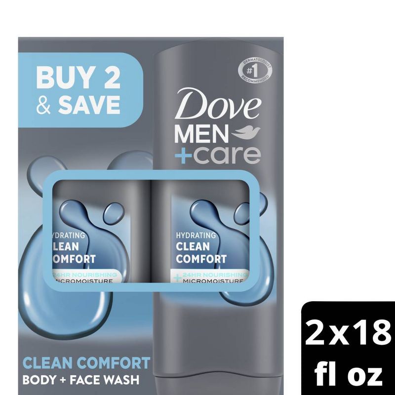Dove Men+Care Clean Comfort Micro Moisture Mild Formula Body Wash - 18 fl oz/2pk, 1 of 9