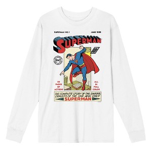 Superman 90th Anniversary Retro Comic Cover Men's White Crew Neck Long Sleeve Shirt-XXL - 1 of 2
