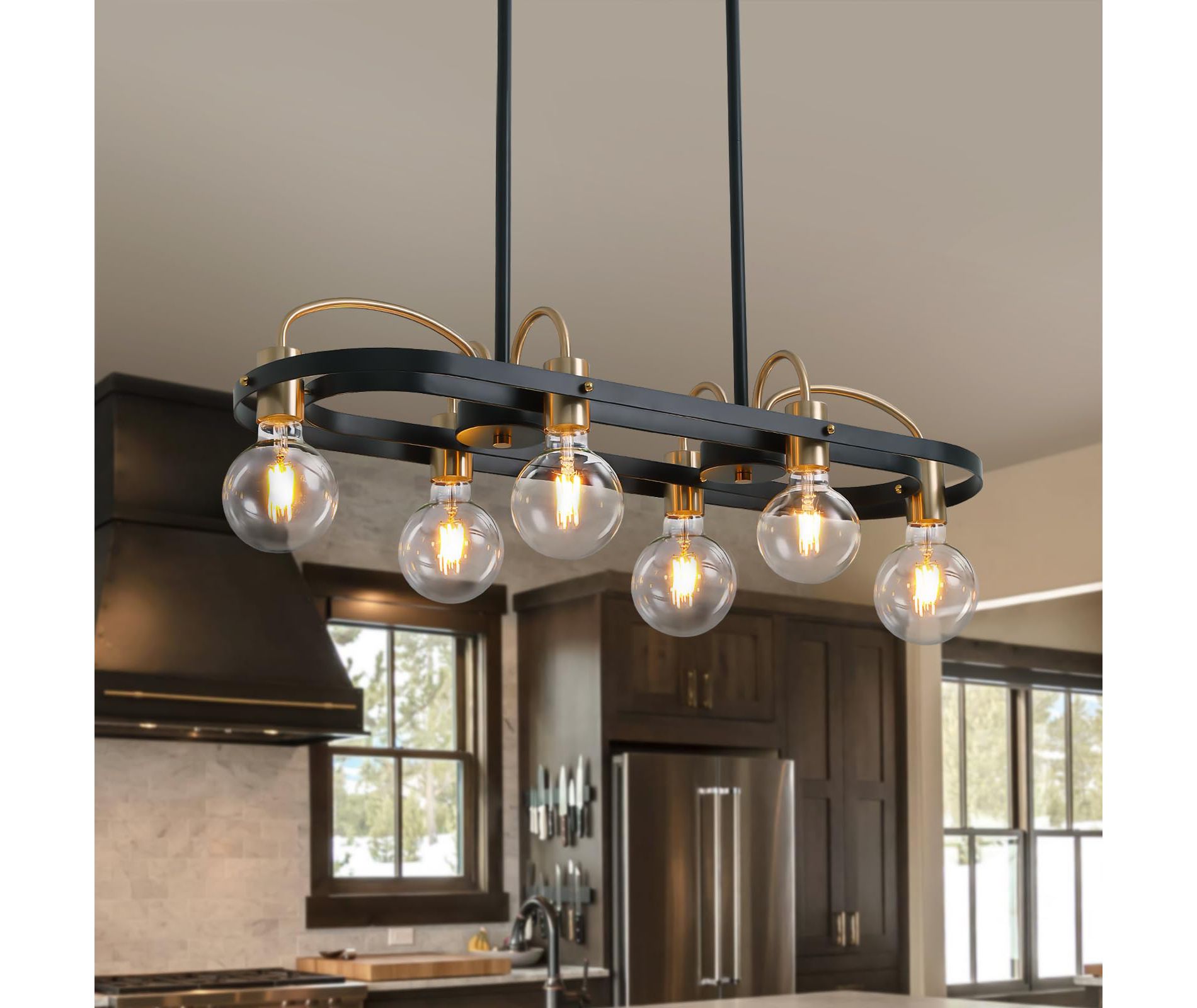 Ludomide Lights Rectangular Chandelier, Black and Gold Linear Chandelier, Rectangle Pendant Light Fixture for Dining Room Kitchen Island-L30