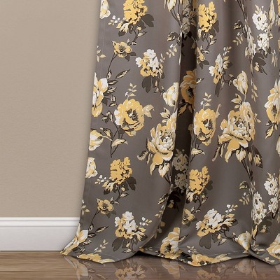 Gray and Yellow Floral Blackout Polyester Curtain Panels, Set of 2