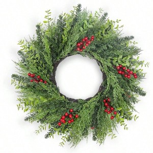 24 Inch Wreath Artificial Pine and Eucalyptus with Red Berries Premium Soft Greenery Full Winter Holiday Front Door Decoration - 1 of 4
