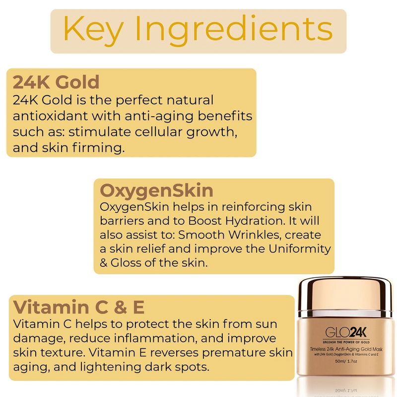 GLO24K Timeless Nourishing Gold Mask With 24k Gold, OxygenSkin, & Vitamins C,E Potent Formula For Radiant Skin - Made In The USA, 4 of 7
