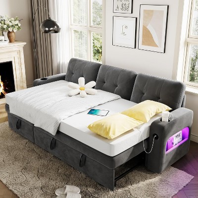 84 Inch Sleeper Sofa Couch, L-Shaped Sofa, Convertible Pull Out Sofa Bed with Storage, Charging Station, Led Lights, Modern Sectional Sofa