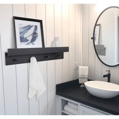 38" Black Wood Floating Wall Shelf with Metal Knobs